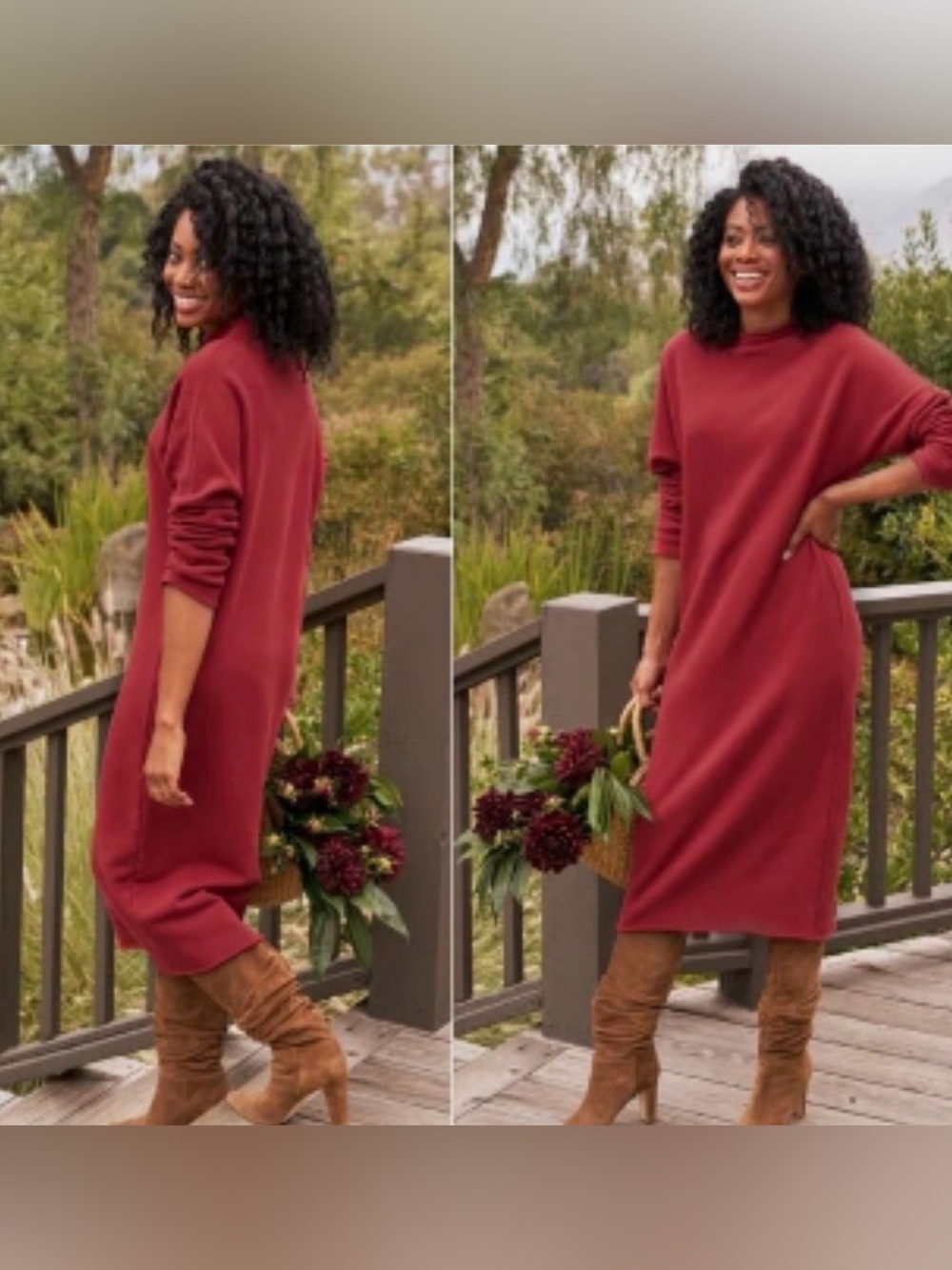 Frank & Eileen Isabelle Funnel Neck Dress Red Rust Fleece Size XS Midi Cotton